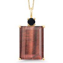 Gem Stone King 18K Yellow Gold Plated Silver Red Tiger Eye and Black Onyx Pendant Necklace for Women (12.22 Cttw, Emerald Cut 18X13MM, With 18 inch Silver Chain)