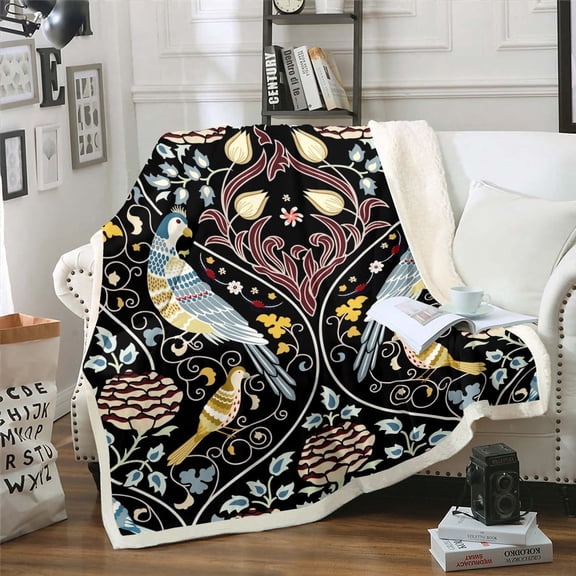 Colorful Bird Sherpa Blanket for Women Men Exotic Style Throw Blanket Retro Botanical Plants Fleece Blanket Bohemian Vintage Flowers Pattern Plush Blanket Queen 90x90 inch Lightweight,Black