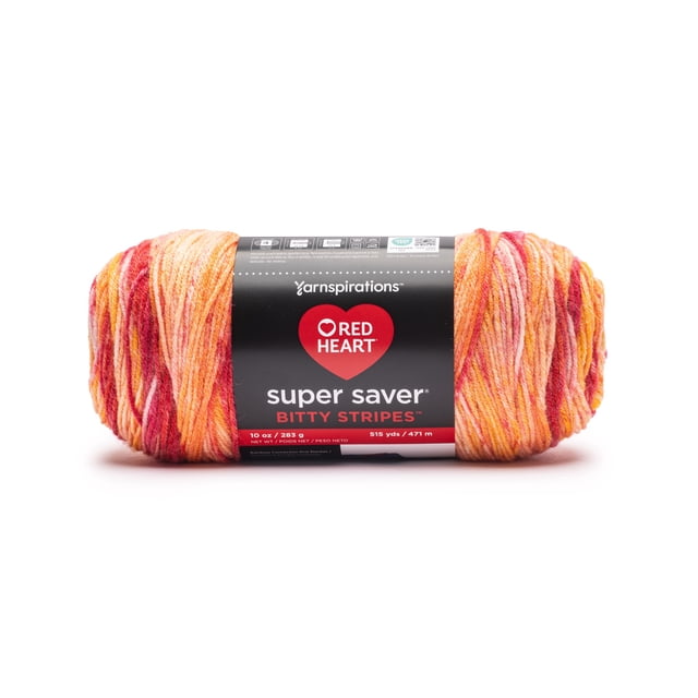 Red Heart® Super Saver Bitty Stripes™ #4 Worsted (Medium) Fil Acrylique, Chaud devant 10oz/283g 515 Yards