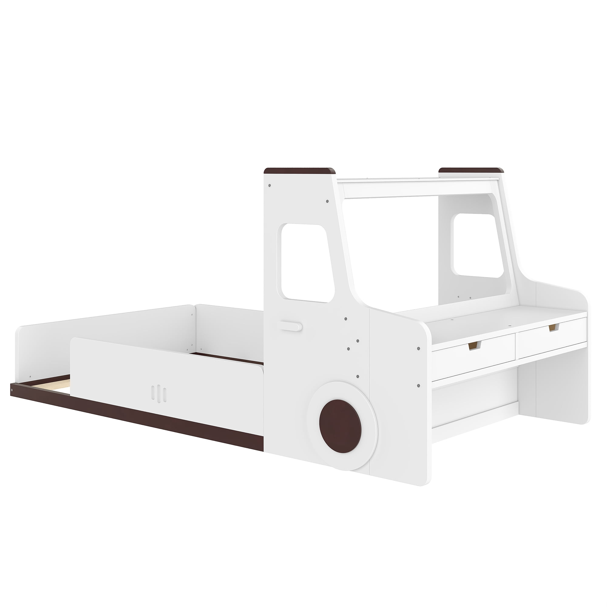 Kids Floor Bed, Twin Size Car-Shaped Floor Bed with Built-in Storage Drawers and Study Desk, Playful Design for Kids Room, White Finish