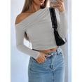 thumbnail image 4 of Women'S Casual Long Sleeve Boat Neck Off Shoulder Slim Fit Crop Top Going Out Blouses Y2K Tight Shirts Flower Gray XL, 4 of 5
