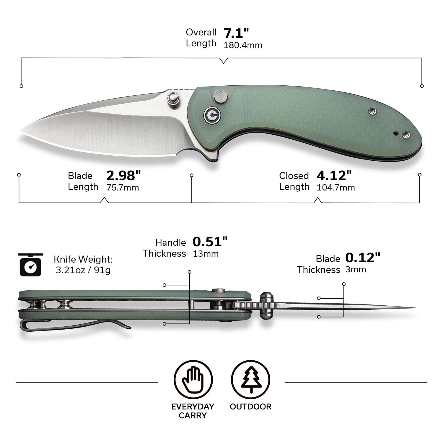 CIVIVI Faeger Pocket Folding Knife with 2.98" 14C28N Blade and Milled White and Black Layered G10 Handle C24031-3
