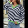 thumbnail image 4 of Suéter de Rayas de Larga para Mujer, Cuello en V, Bloque de Color, Punto Suave, Jersey de Moda Azul y S, 4 of 8