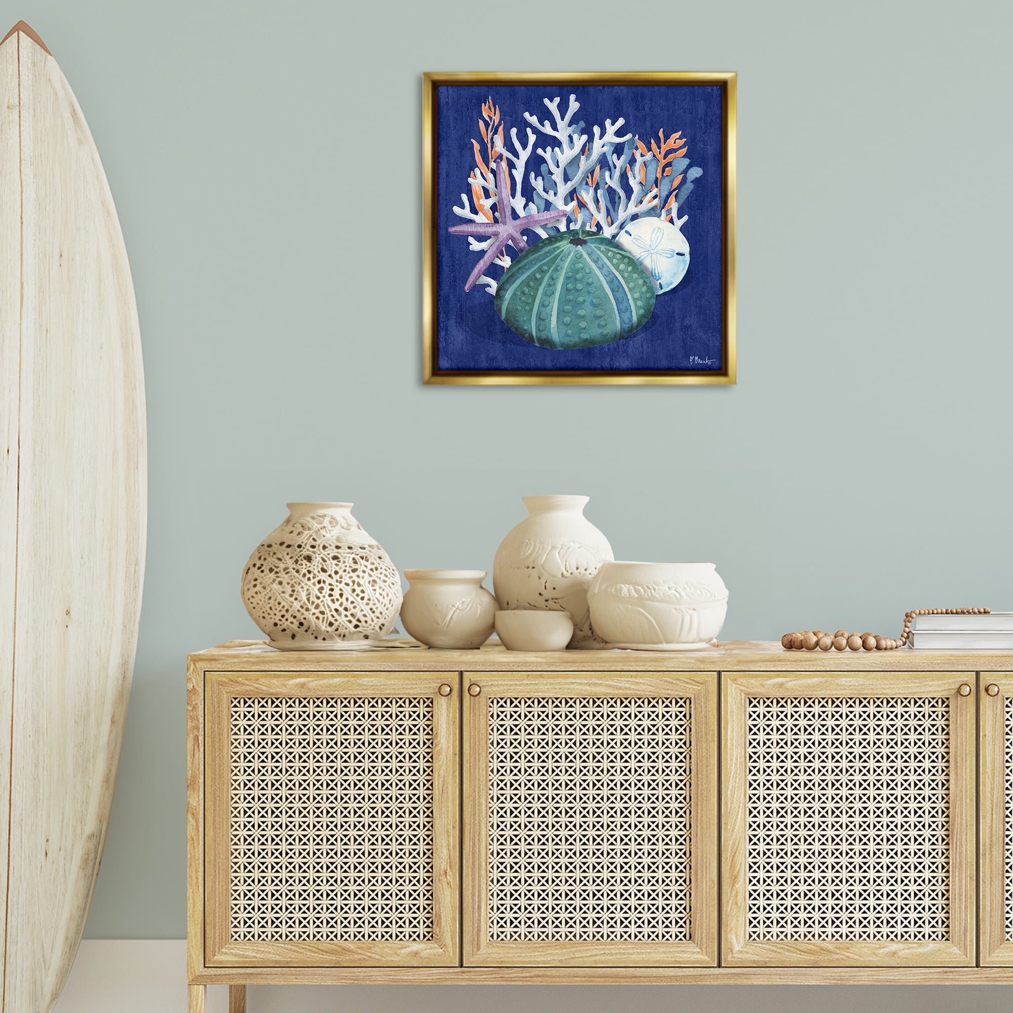 Stupell Industries Monterey Urchin & Coral Coastal Painting Gold Floater Framed Canvas Art Print Wall Art, 25 x 25