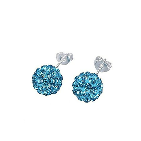 Surgical Stainless Steel Pave Crystal Disco Ball Shambala Studs Earrings Girls- Women Cubic Zirconia Hypoallergenic Earrings WITH A FREE GIFT CLEAR Pave Crystal Disco Ball Shambala (Light Blue)