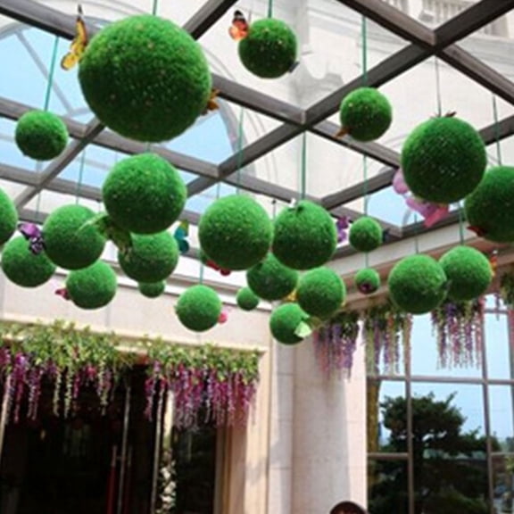 ELAYARD 2pcs Green Artificial Grass Balls Plastic Round Hanging Home Decor 9.1×9.1×9.1in