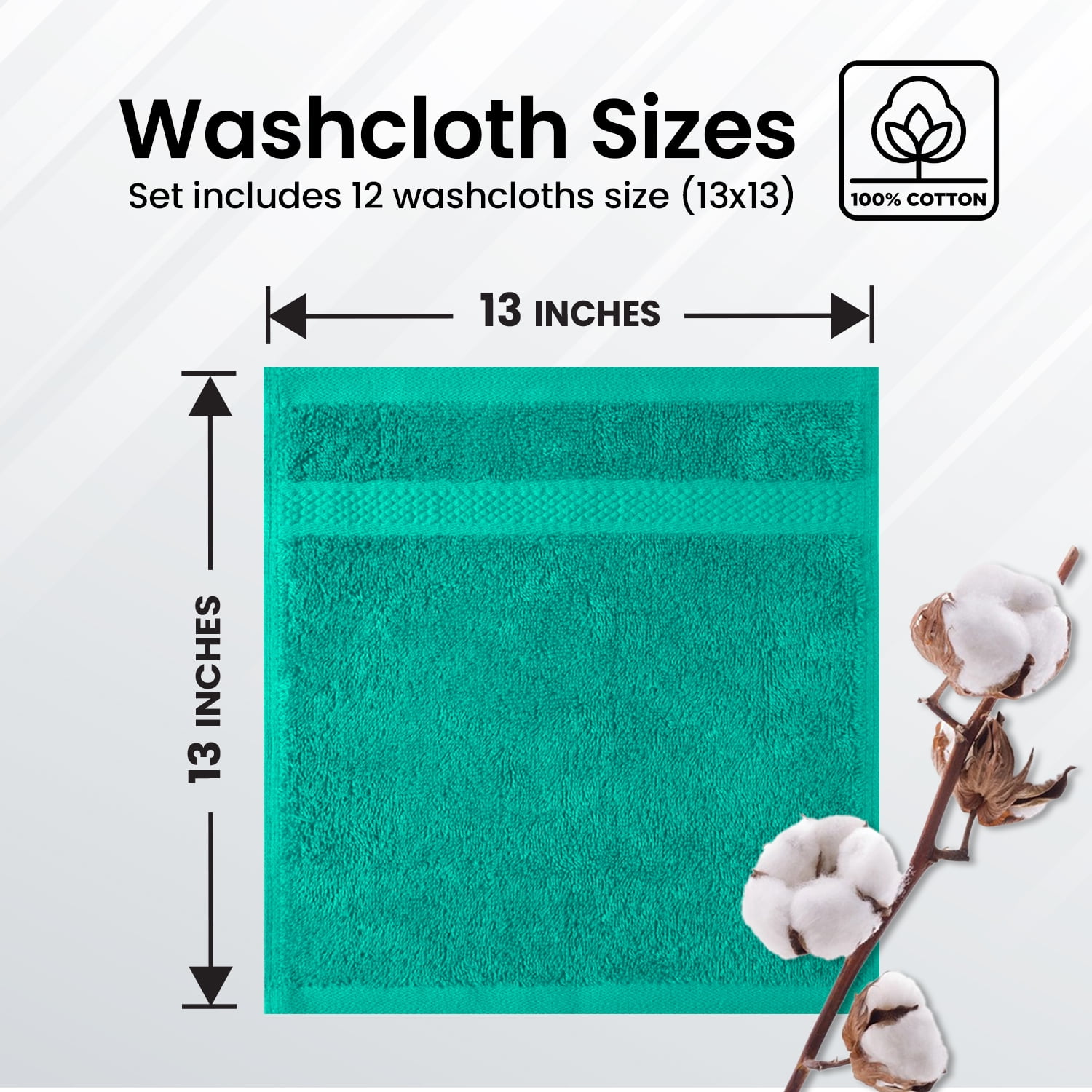 Infinitee Xclusives 12 Pack Premium Green Soft Wash Cloths and Face Towels, 13x13 100% Cotton