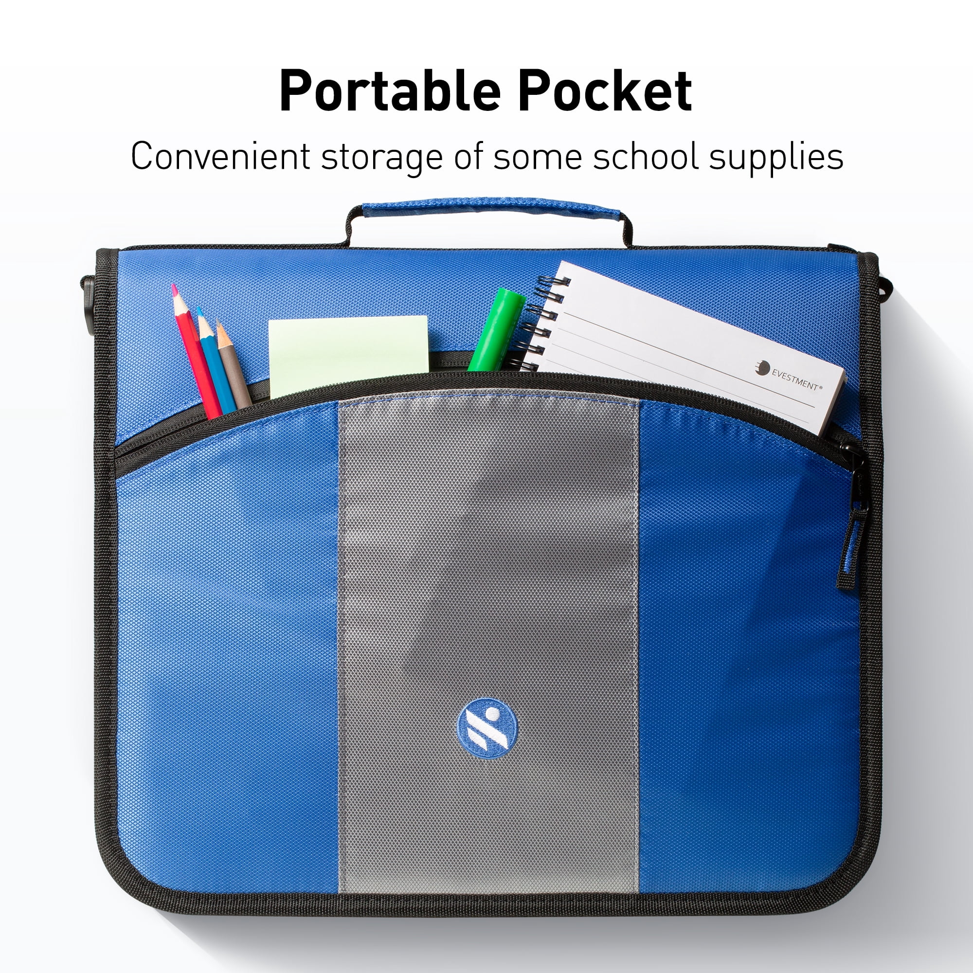 Kinbashi 3-Inch Zipper Binder, 3 Rings Binder with Expanding File and Shoulder Strap, Blue