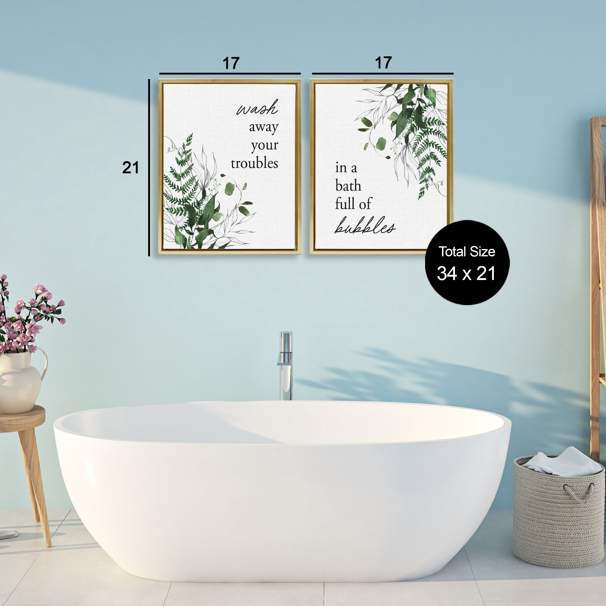 Bubble Bath with Forest Foliage 2 Piece Gold Framed Floater Canvas Set, design by Lettered and Lined