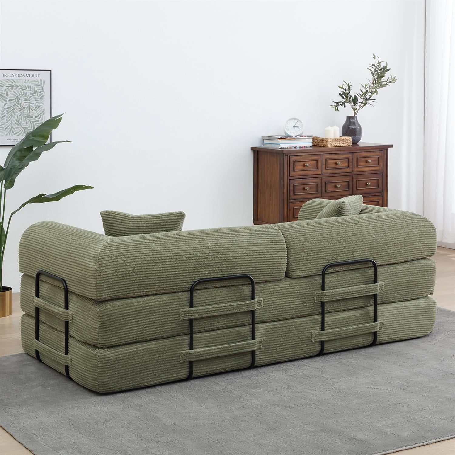 Demi Bonn 77" Convertible Sleeper Sofa Bed, Corduroy Foldable Mattress Couch with Cylindrical Pillow & Fixed Frame for Living Room, Bedroom, Light Green