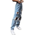 thumbnail image 3 of Frontwalk Women Loose Ripped Jeans Distressed Destroyed Denim Pants Boyfriend Hip Hop Streetwear Washed Denim Jeans, 3 of 3
