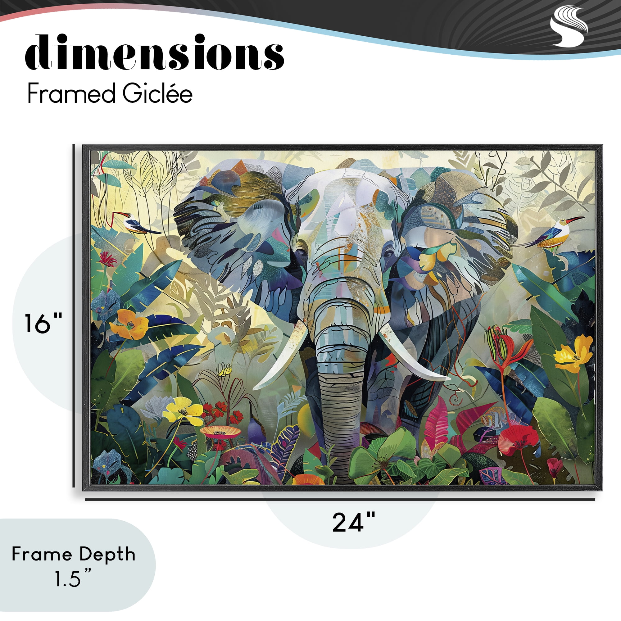 Stupell Industries Elephant's Realm in Tropical Bloom Black Framed Giclee Art, design by Lazar Studio