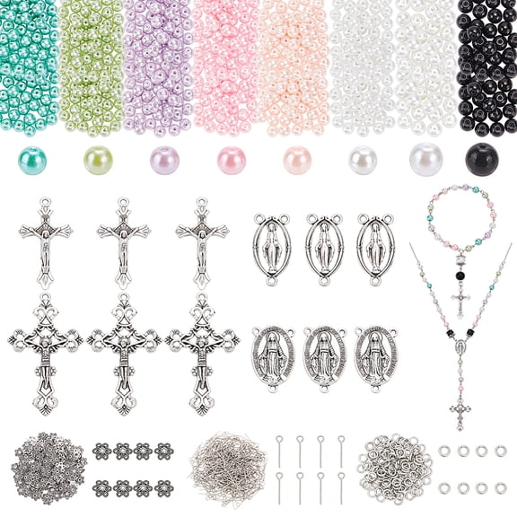 Rosary Making Kit 1092pcs 8 Colors Glass Pearl Beads Rosary Prayer Making Supplies First Communion Necklace Set Charms Jewelry Findings