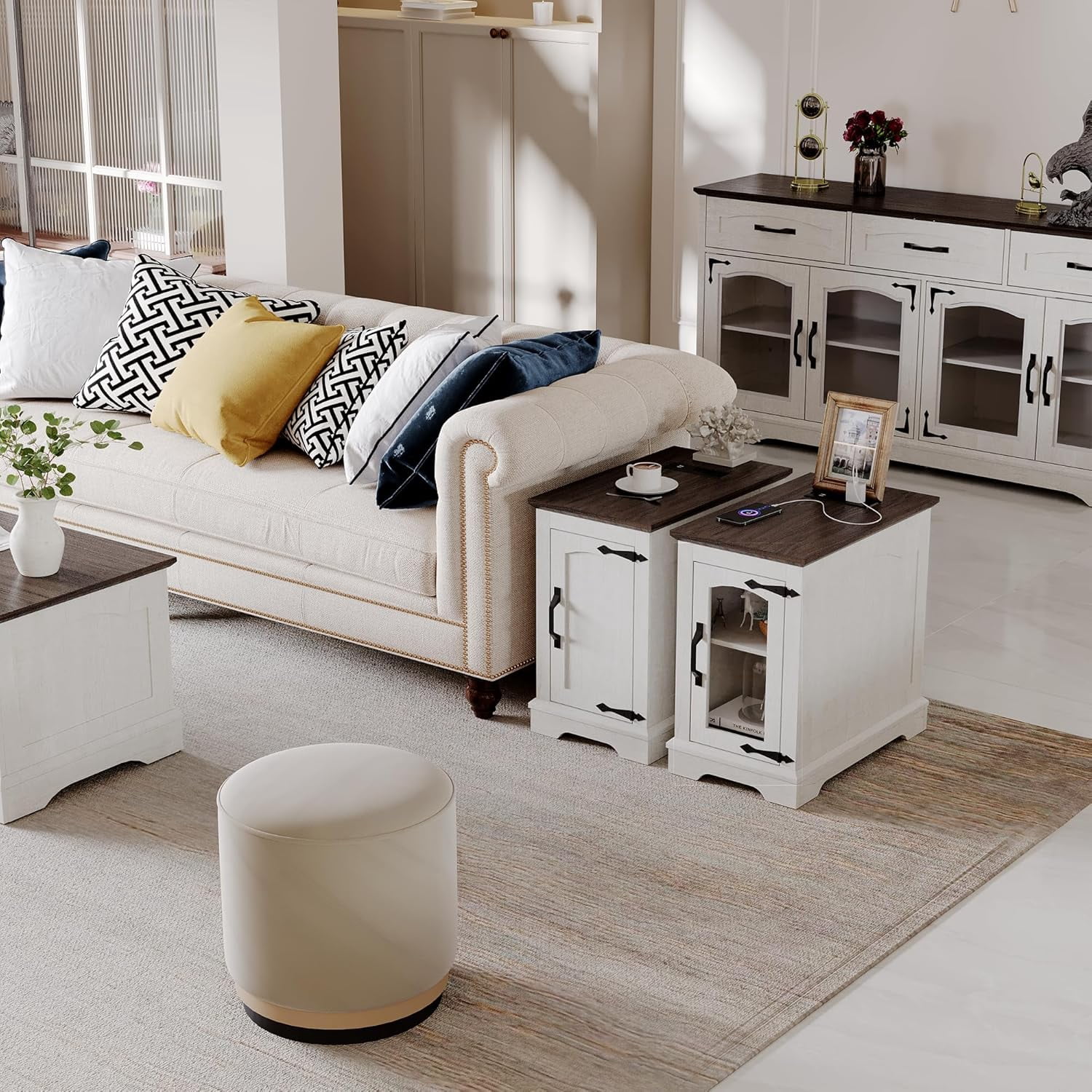 (4 pack) RTC GROUP Narrow Farmhouse End Table with Charging Station, Bedside Table with Storage Cabinet, 2 AC Outlets & 2 USB Ports, Side Table for Bedroom, Living Room, Couch or Sofa, White Oak