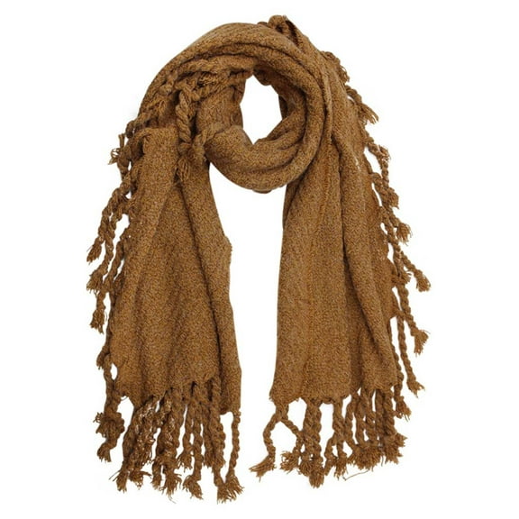 Tan Chunky Knit Scarf With Braided Tassel Fringe