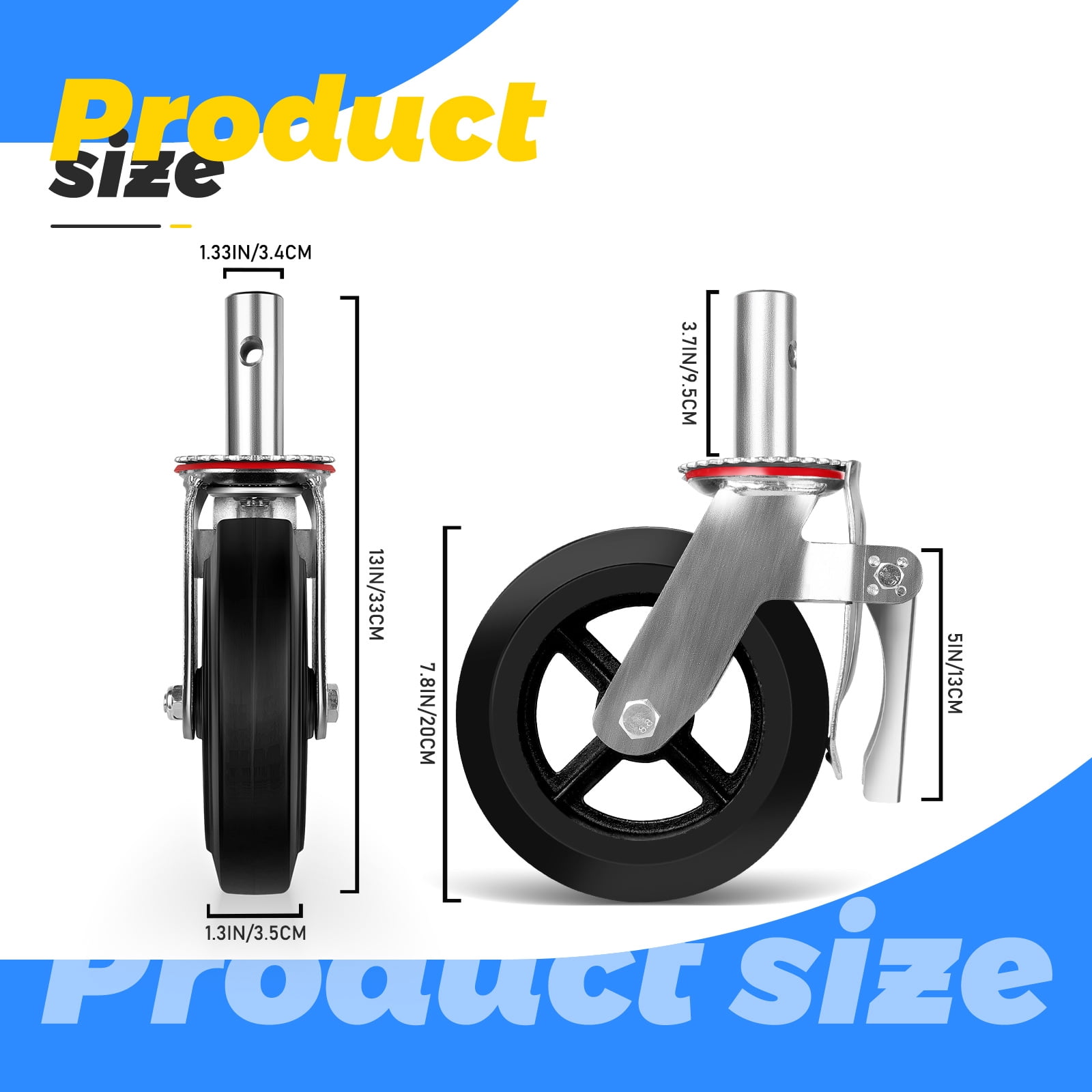 8 Inch Scaffolding Wheels, 4 Pack Heavy Duty Rubber Casters with Dual Locking Brakes, 4400 LBS Capacity, 360° Swivel Caster Wheels with Steel Plate for Scaffolding, Tool Carts, Workbenches