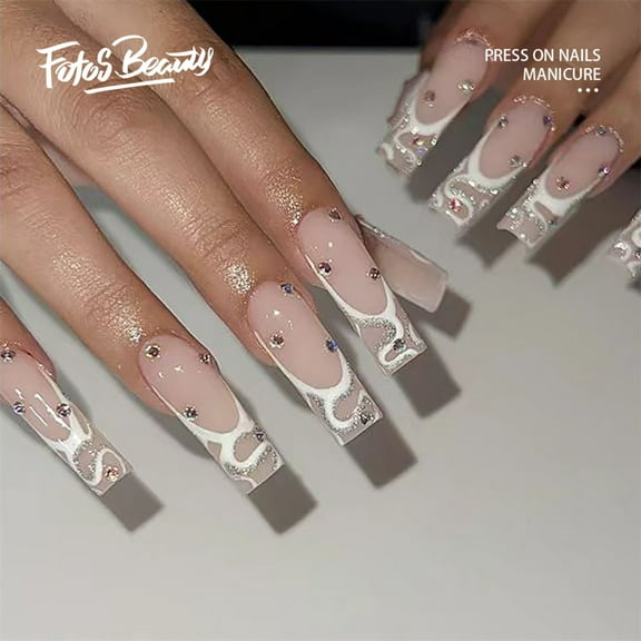 Fofosbeauty 24pcs Press on False Nails Tips, Coffin Fake Acrylic Nails, Flash Crush Drill Lines White