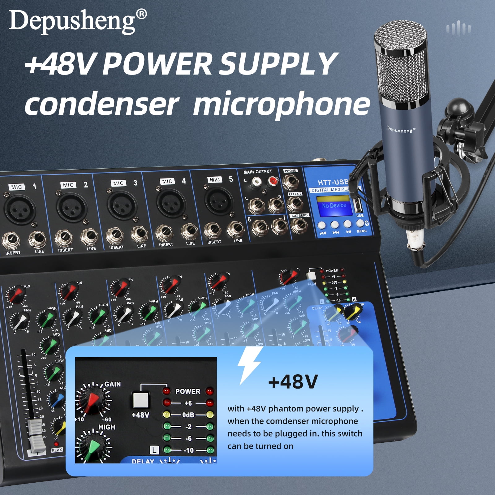 Depusheng HT7 Professional Audio Mixer Mixing Console 48V ower for Computer Recording, 7-Channel Bands Mixing Boards For Studio Recording