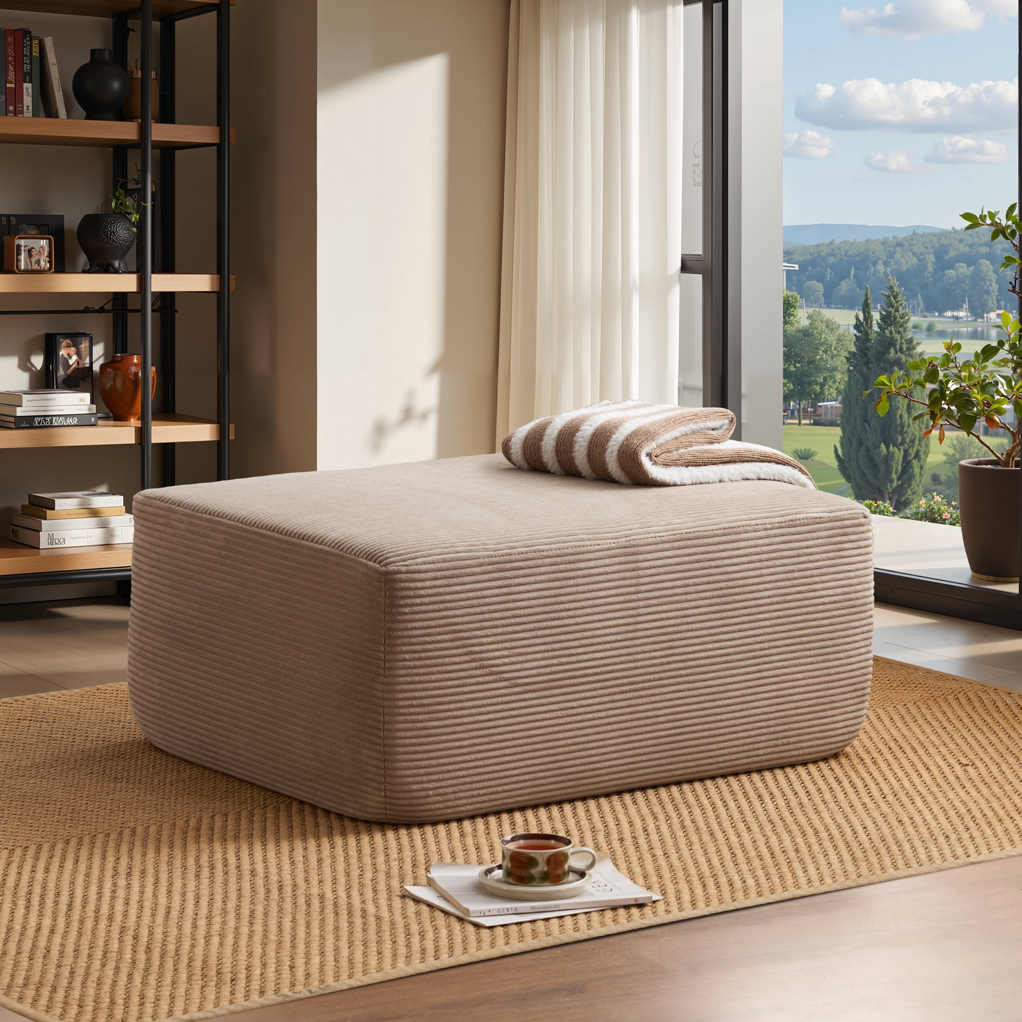 Ovios Oversized Ottoman Footrest for Sofa Large Corduroy Pouf Ottoman Coffee Table Rectangle Floor Bench Extra Seating for Living Room, No Assembly, Camel