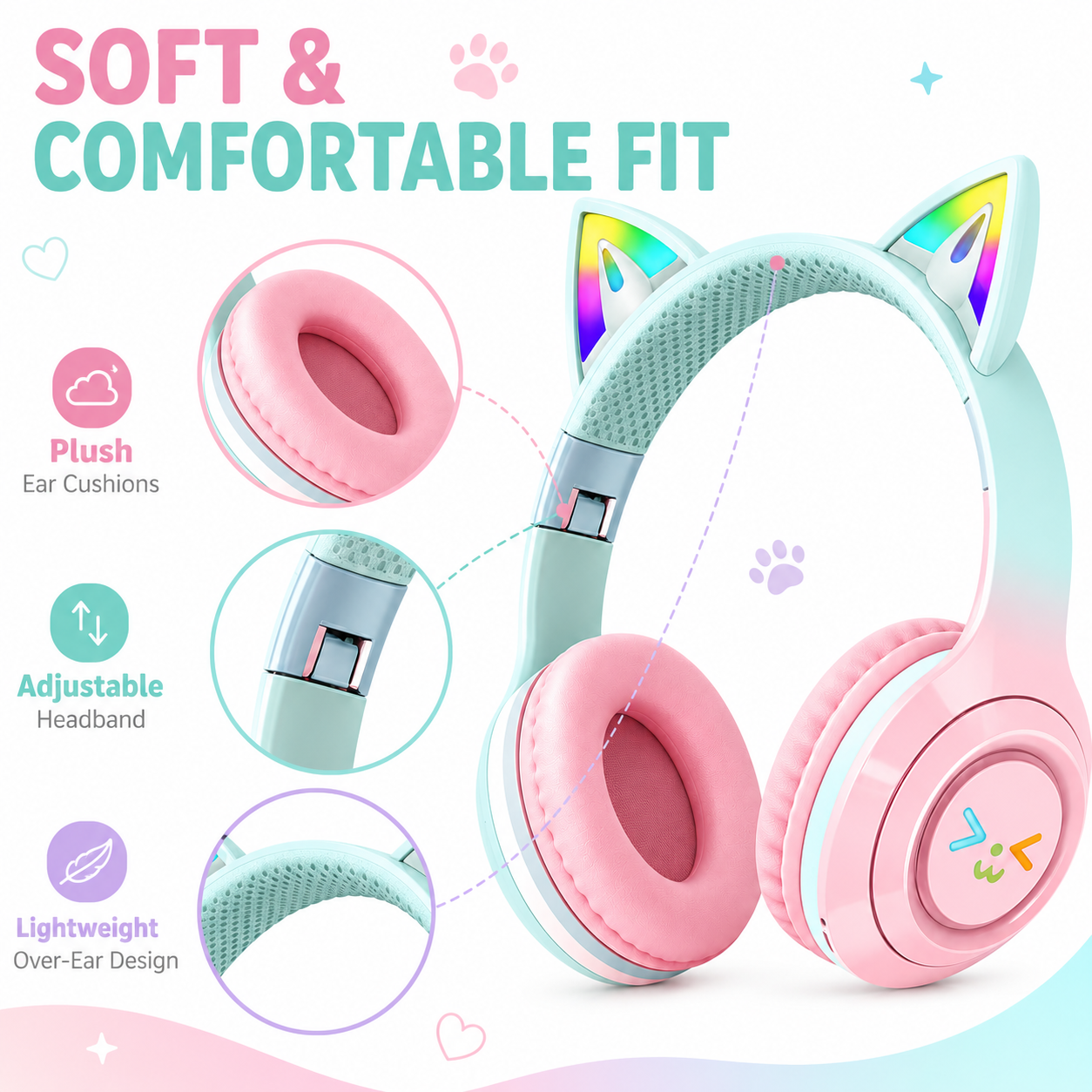 RNKR Kids Wireless Cat Ear Headphones with LED Lights, Pink photo 4