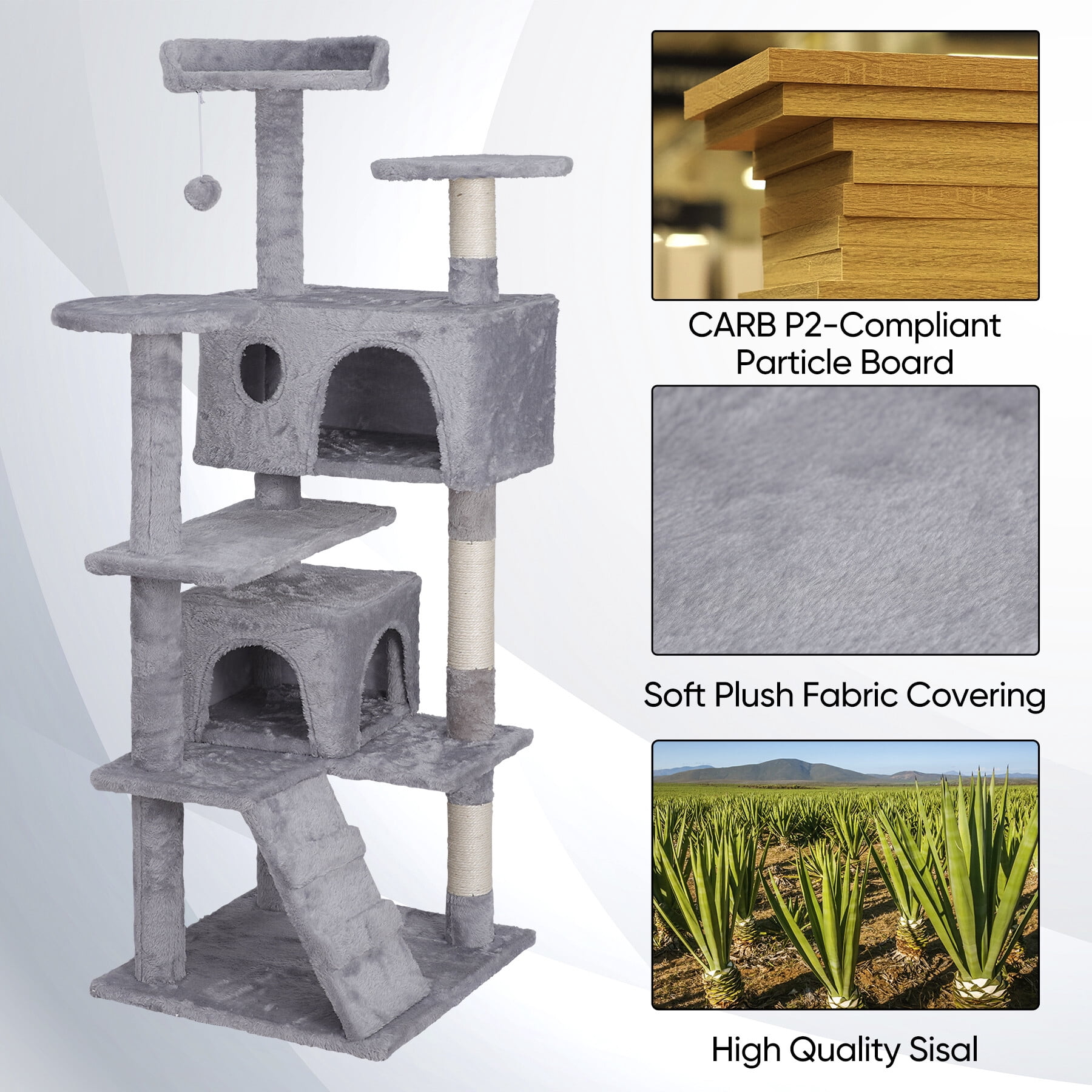 HomGarden 55''H Multi-Level Cat Tree Double Condo Scratching Post Tower, Light Gray