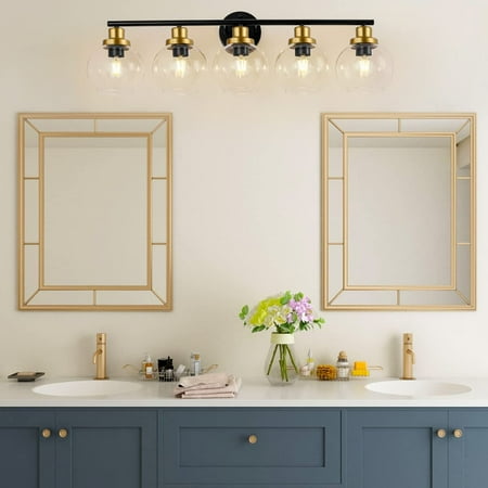 

HJY Bathroom Light Fixtures 5-Light Bathroom Vanity Light with Clear Globe Glass Shade Black Gold Modern Wall Sconces Lighting Over Mirror 36 inch Vintage Light Exclude Bulb for Bedroom Hallway