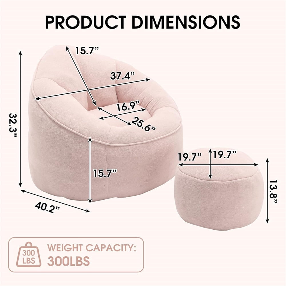 Bean Bag Chair for Adult, Upholstered Bean Bag Sofa with Footstool and Petal Back, Memory Foam Stuffed Bean Bag Couch for Living Room, Bedroom, Apartment, Pink