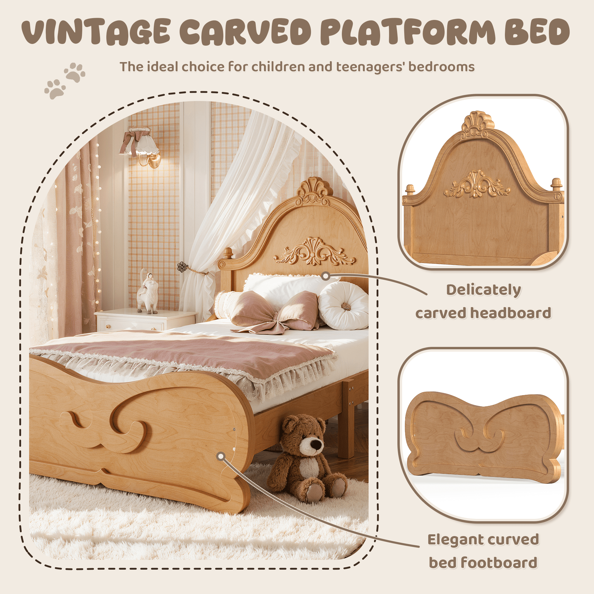 HOQBN Twin Size Vintage Carved Platform Bed with Headboard, Solid Wood Bed Frame with Slatted Support, Low Profile Platform Bed for Kid Teens, Natural