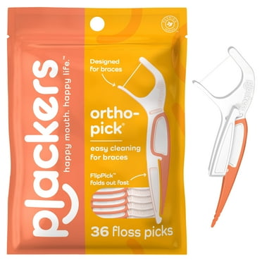 Plackers Orthopick Floss Picks, Unflavored, Designed for Braces, Fold-Out FlipPick, Tuffloss, Easy Storage with Sure-Zip Seal, 36 Count