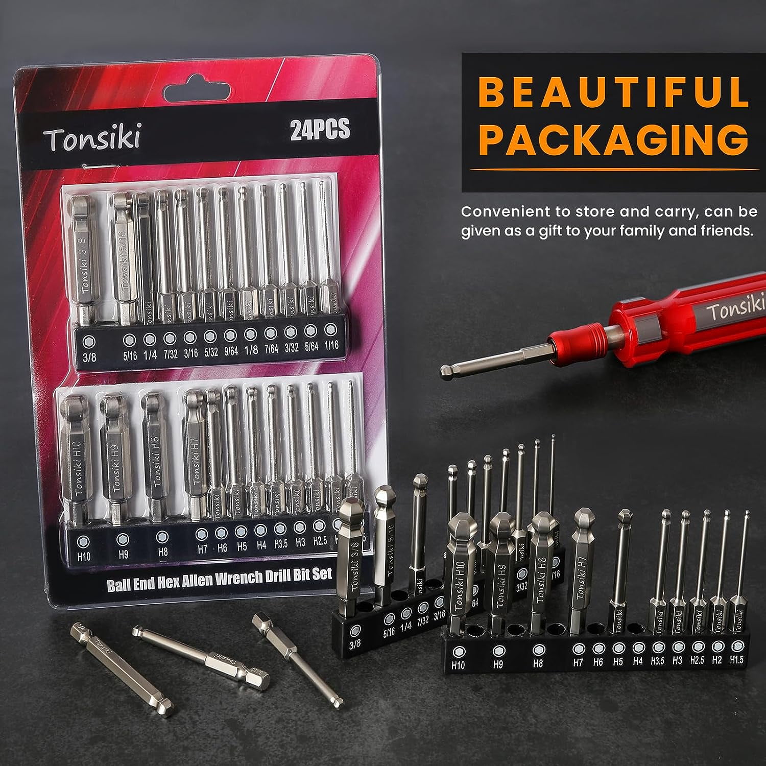 Tonsiki Hex Head Allen Wrench Drill Bit Set 24pcs (Metric&SAE), 1/4” Hex-Shank S2 Steel Allen Key Drill Bit