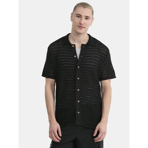 No Boundaries Men's & Big Men's Sweater Knit Polo Mesh Button Front Short Sleeve Shirt, Sizes XS-5XL