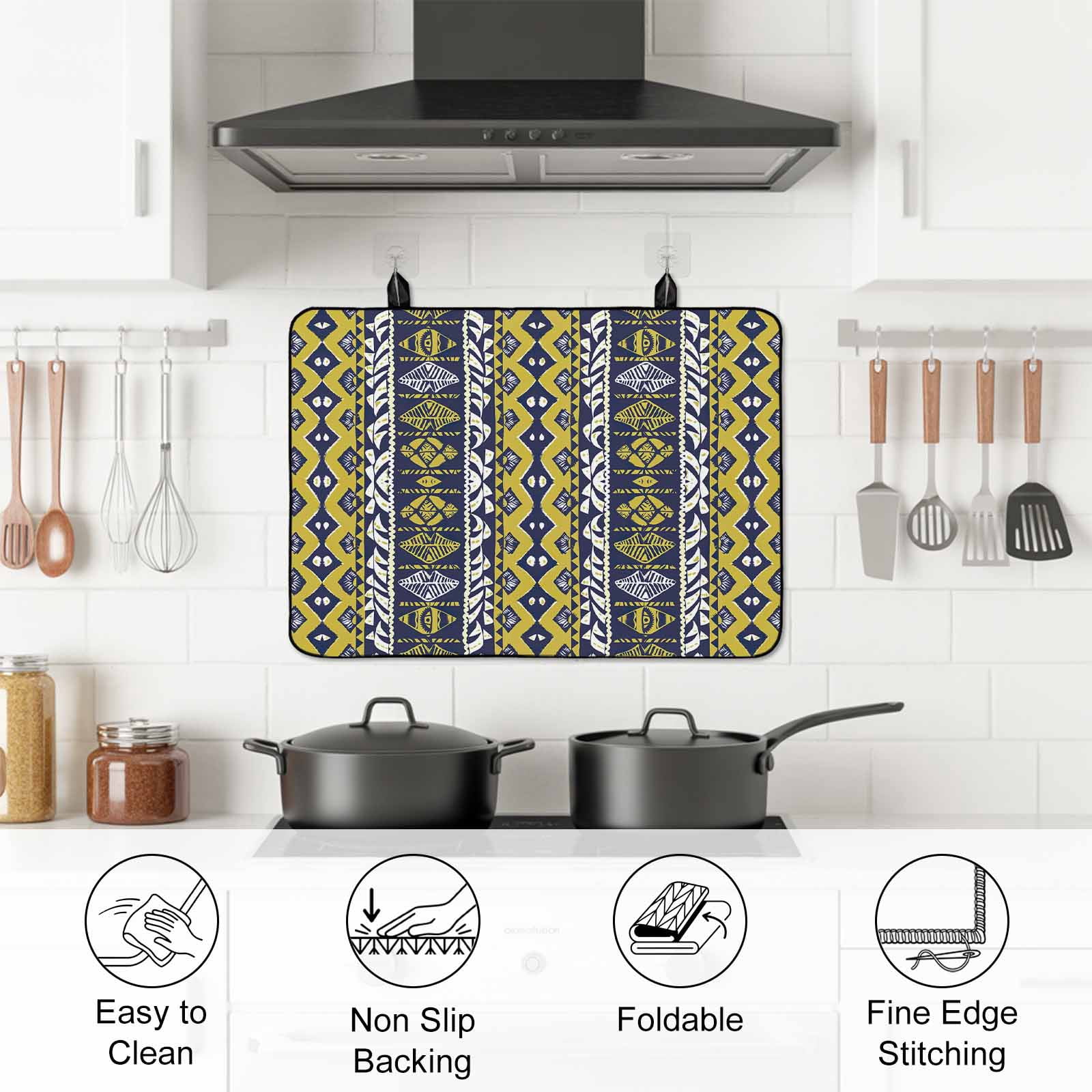 Yellow Navy Blue Geometric Stove Top Cover for Electric Stove, Heat-proof & Non Slip Glass Top Stove Cover Protector, Southwestern Ethnic Boho Kitchen Flat Cooktop Rubber Mat 24x21 Inches
