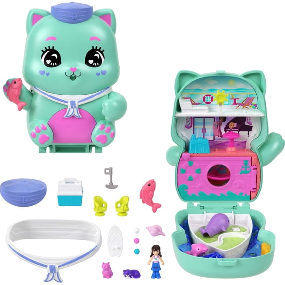 Polly Pocket Dolls and Playset, Set Sail Kitty Compact, Travel Toy with 1 Micro Doll, Pet Cats, Food & Fashion Styling Accessories C70