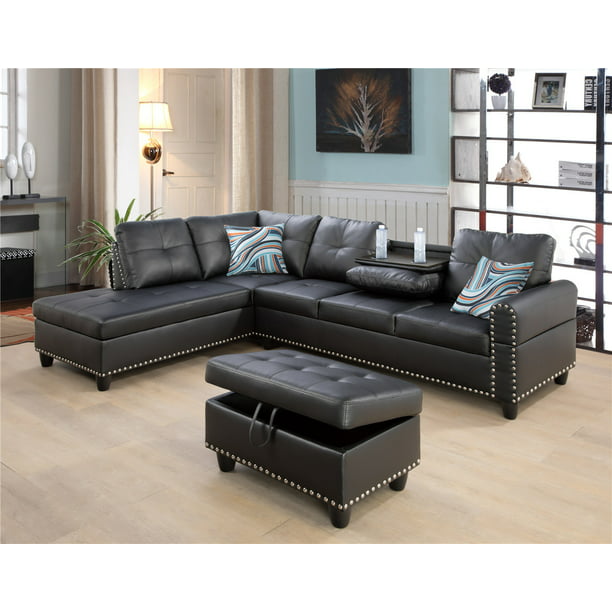 Ponliving Furniture Room Sectional Set, Black Faux Leather Sectional With Ottoman