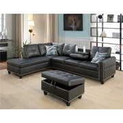PonLiving Furniture Room Sectional Set, Leather Sectional Sofa in Home, with Storage Ottoman and Matching Pillows Left Hand Facing Black