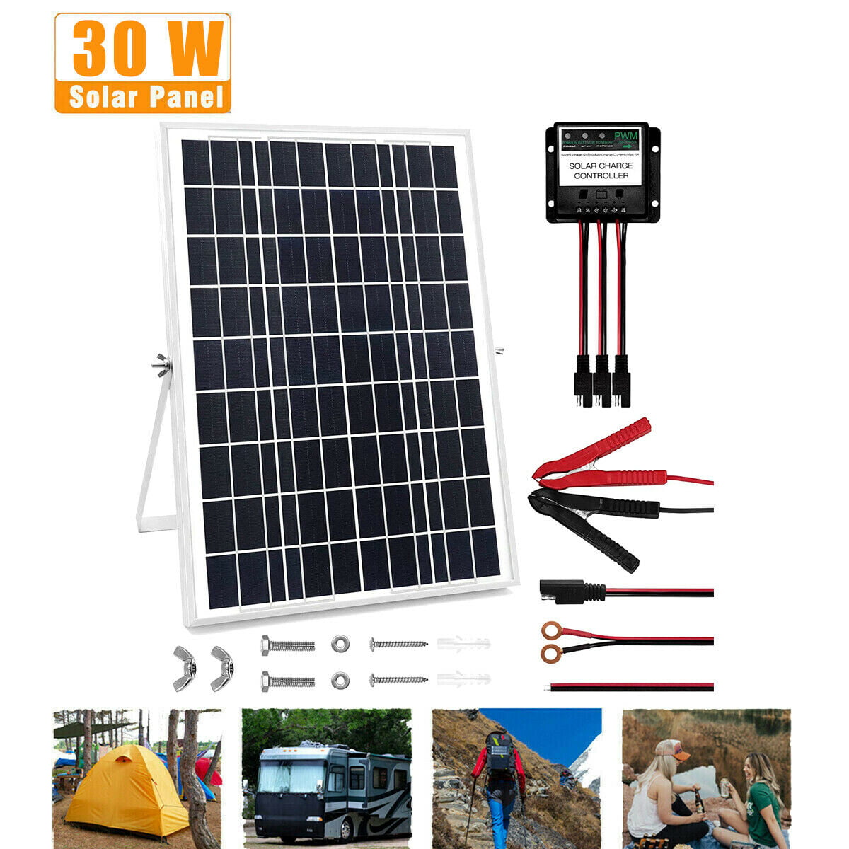 Boat 30W Solar Panel 12V Trickle Charge Battery Charger Kit Maintainer Car RV 