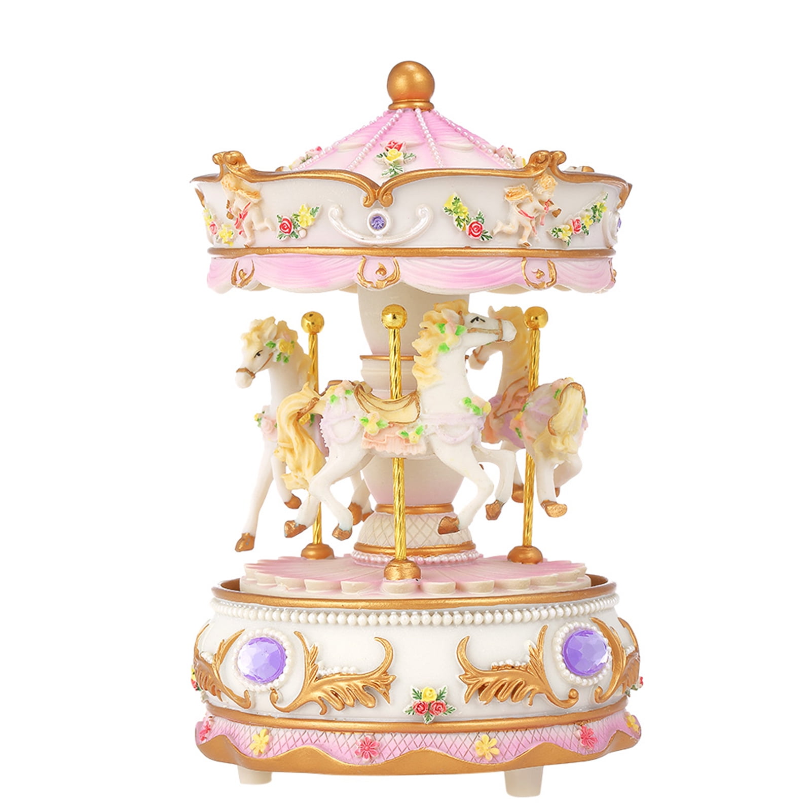 Baby Girl Pink Musical Carousel With Horses And Hearts Music Box Nursery Room 