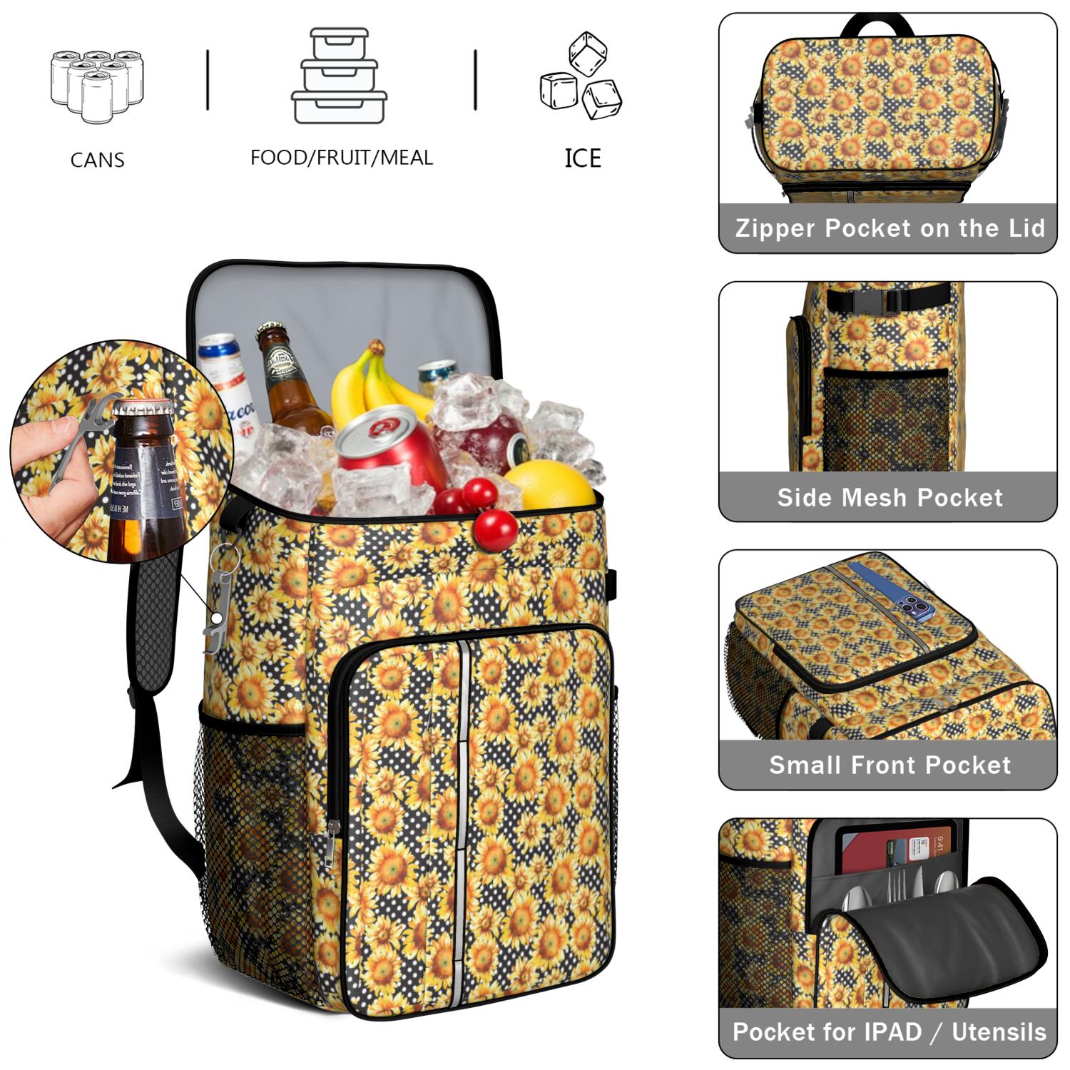 Travel Cooler Bag - Black Sunflower Camping Beer Cooler Backpack with Bottle Opener- Waterproof Insulated Picnic Backpacks - Cooler Bag for Beach
