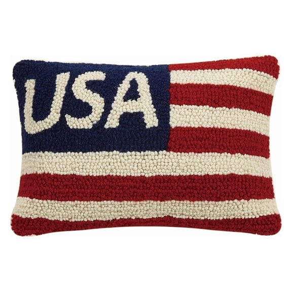 USA Flag Red White Blue Patriotic Mini Hooked Wool Pillow - 8" x 12"