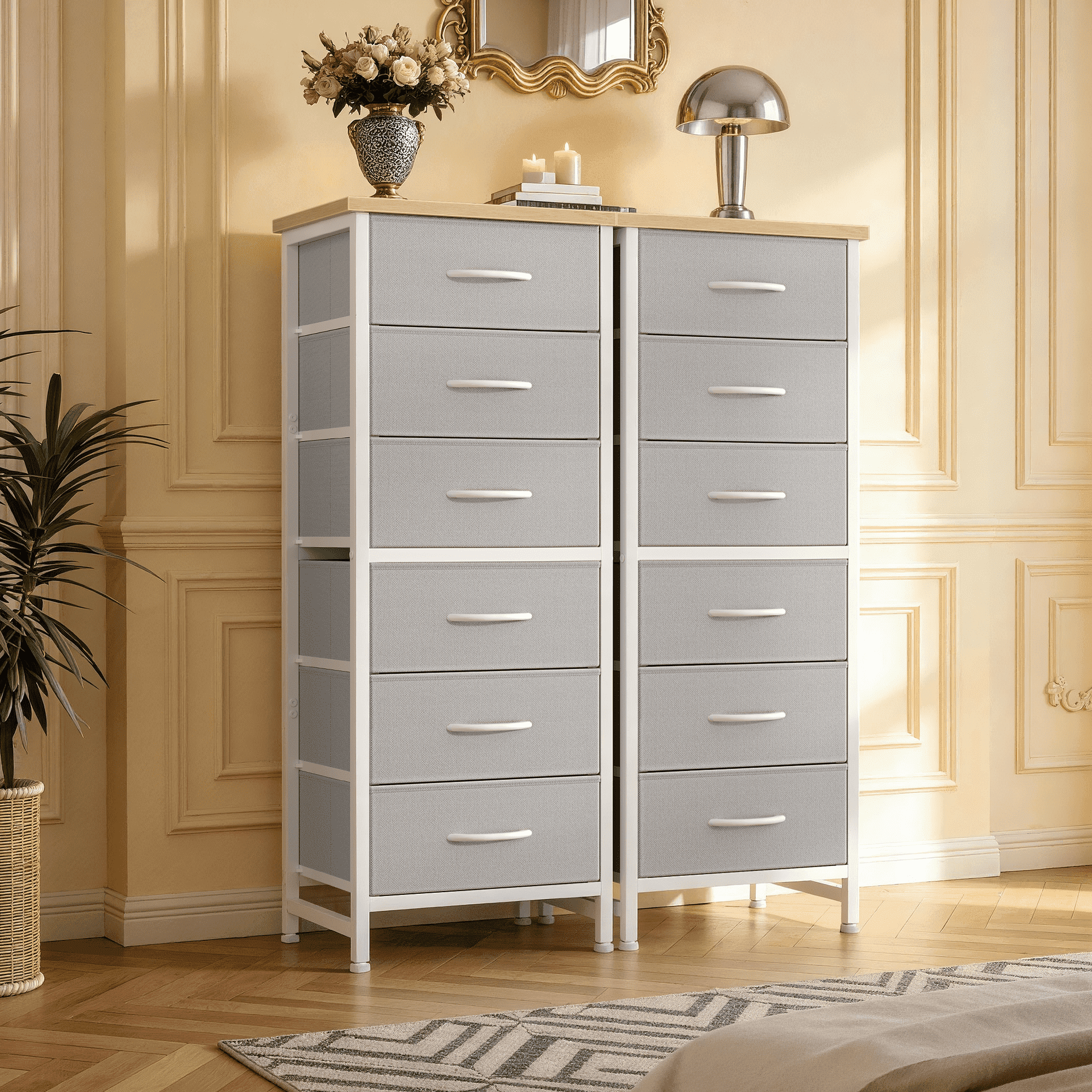 CONCETTA Tall Storage Dresser with 6 Fabric Drawers, Metal Frame with Cross Support Rods, Anti-Tip, Wood Top for Bedrooms, Offices and Compact Spaces, Light Gray