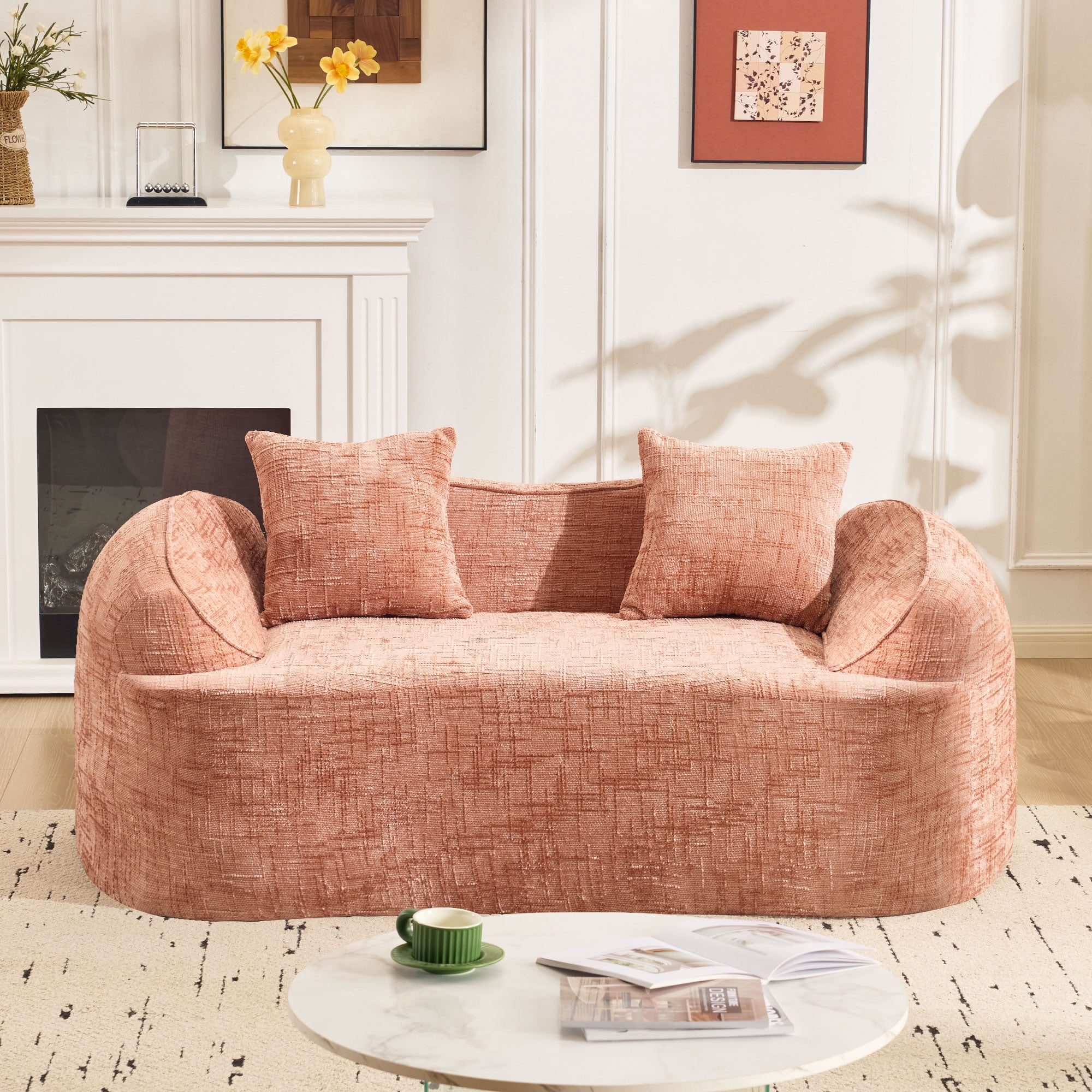 Leumius 66" 2 Seater Sofa Compress Sofa with Armrests & 2 Pillows,No Assembly Required,Compact Sofa Couch for Small Apartments,Living Room,Bedroom,Pink