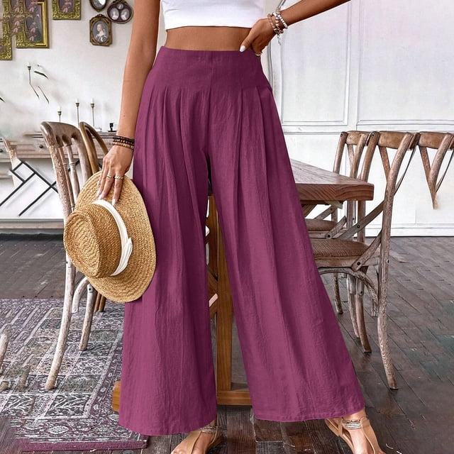 Xuniizn Wide Leg Pants Woman Elastic Waisted Solid Color Flowy Pants with Pockets Loose Comfort Casual Pants