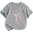 thumbnail image 3 of Girls Cute Cross & Bow Shirts Crewneck Graphic Tee Tops (Grey 5-6 Years), 3 of 3