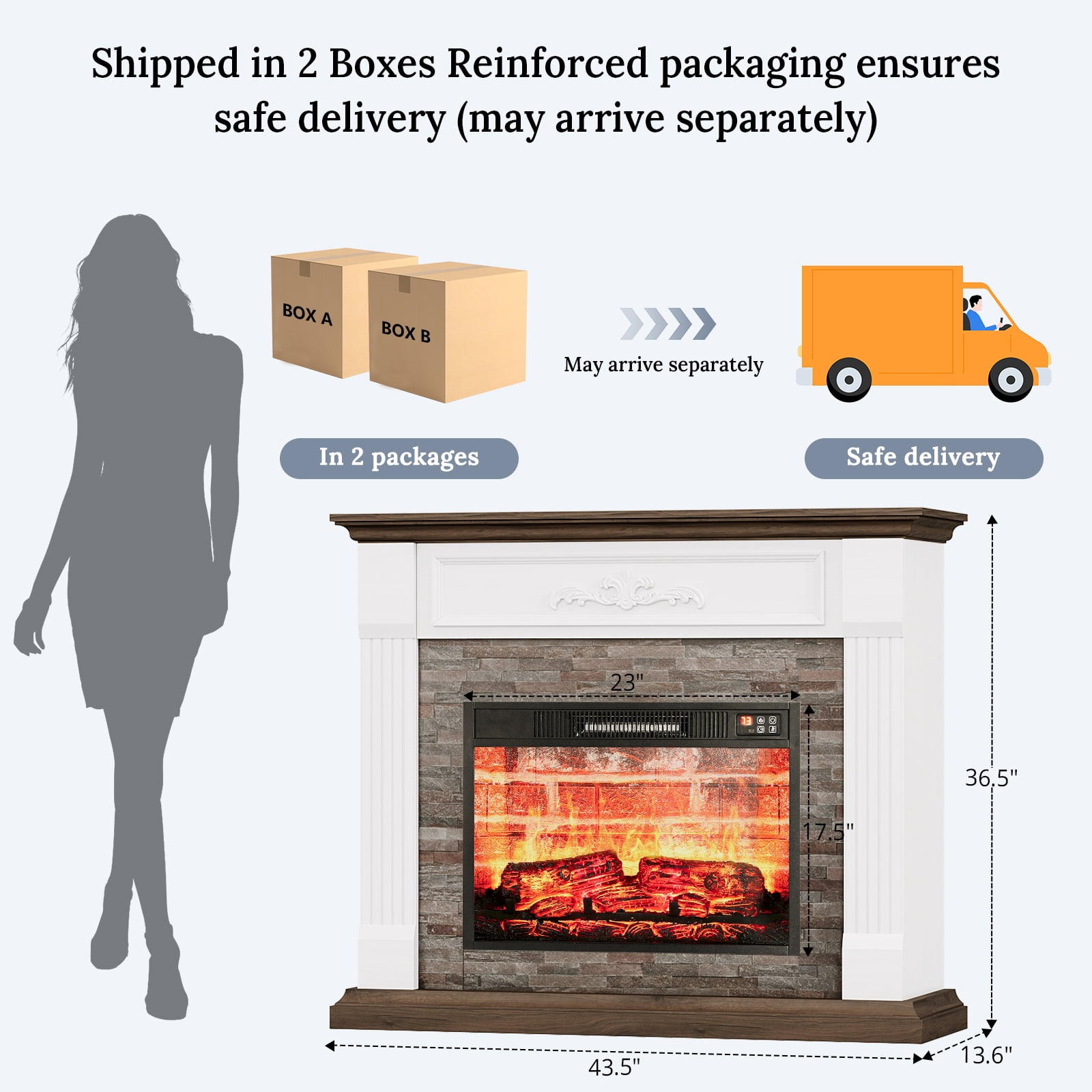 44"L Fireplace Mantel with 23" Electric Fireplace, Wooden Free Standing Fireplace, with Remote Control, Adjustable LED Flame