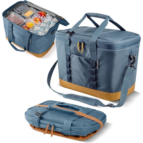 CleverMade Pacifica Large Collapsible Soft Cooler, Leakproof Insulated Cooler Bag, Ocean/Cognac