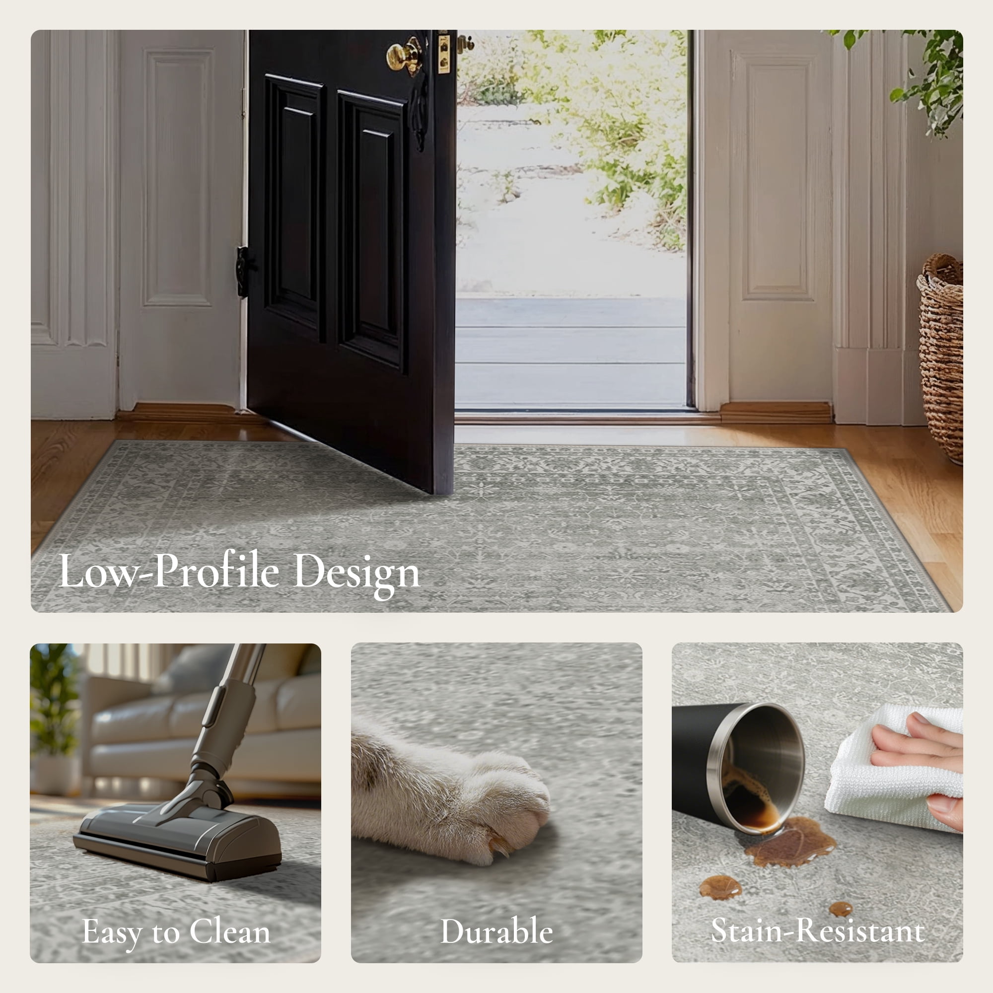 KUETH 5'x7' Area Rugs for Living Room, Non Slip Machine Washable Vintage Indoor Rug, Low Pile Chenille Print Rug for Bedroom Dining Room Home Office