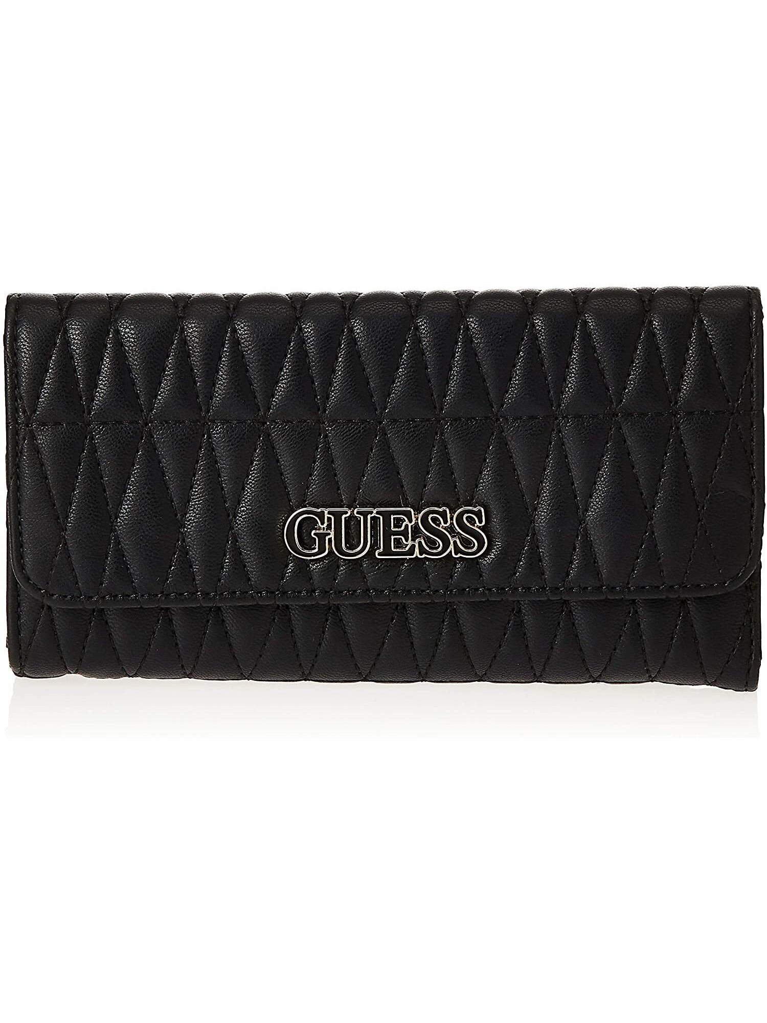 GUESS Women's Black Brinkley Quilted Nylon Id Window 14 Card Slots Metallic Logo Strapless