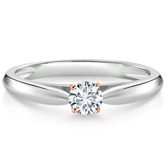 Gem Stone King 10K White and Rose Gold White Lab Grown Diamond Solitaire Engagement Ring for Women (0.17 Cttw, Gemstone April Birthstone, Round 3.5MM, Size 9)