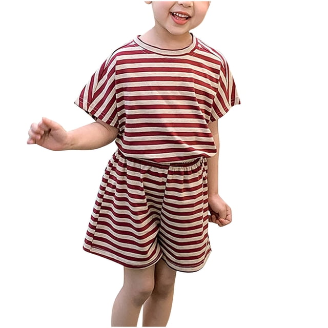 Odeerbi 1-10 Años Niños Niñas Conjunto de Verano Camiseta de Manga Corta de Algodón A Rayas Pantalones Cortos Conjunto de Dos Piezas Suave