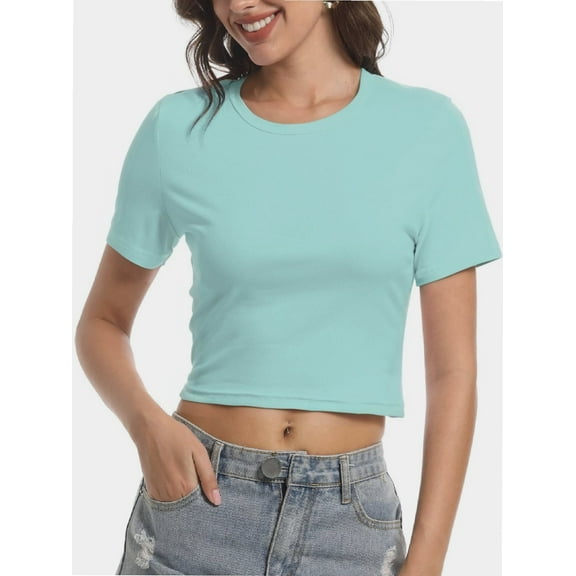 Women's Short Sleeve Crop Top - Crew Neck Fitted Shirt, Soft Stretch Casual & Workout T-Shirt, Basic Slim Fit Tee for Going Out